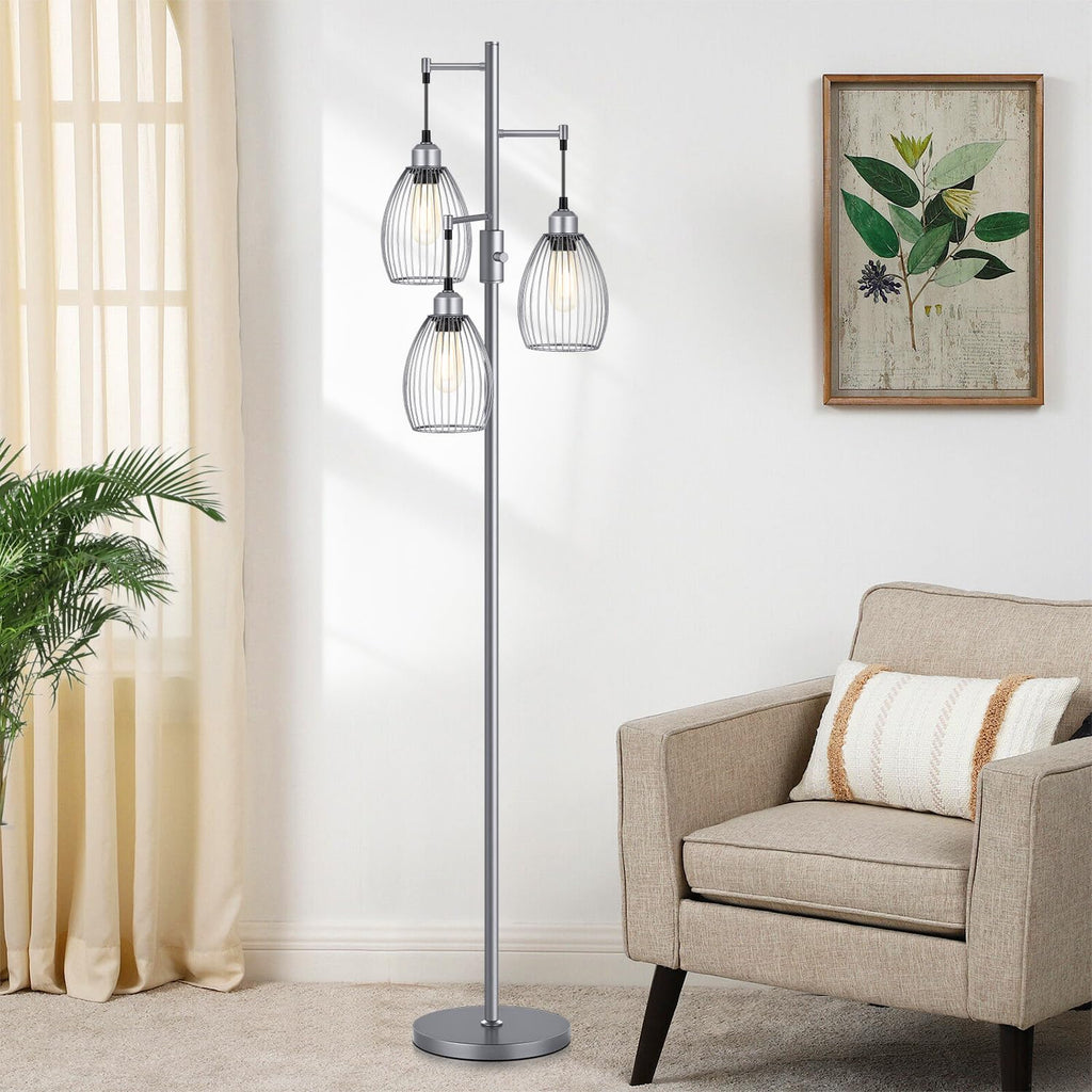 Dimmable Industrial Floor Lamps, Gray Tree Standing Tall Lamps with 3 Elegant Teardrop Cage Head & 800 Lumens LED