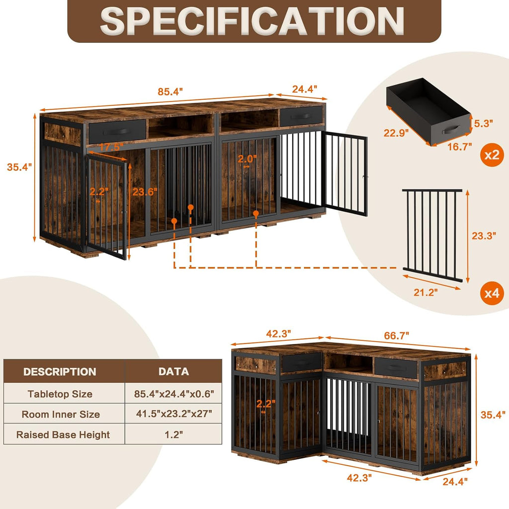 Corner Dog Crate Furniture, 67" Metal Frame L Shaped Double Dog Crate Kennel with Divider and 2 Fabric Drawers TV