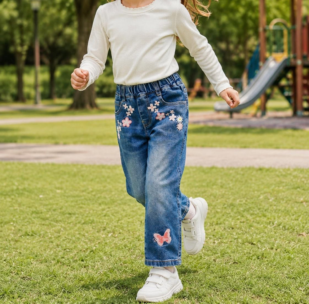 Girls Embroidered Jeans, Ribbed Elastic Waist Denim Pants