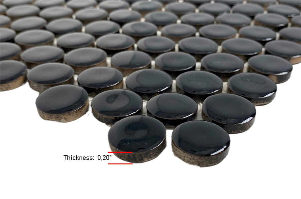 Penny Round Black Porcelain Mosaic Wall Floor Tile Backsplash Shiny Look Shower, Accent Decor, Fireplace Surround