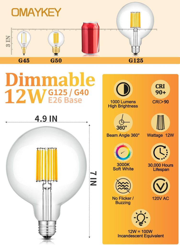 12W G125 Dimmable Globe LED Bulb, 3000K, 1000 Lumens, E26 Base