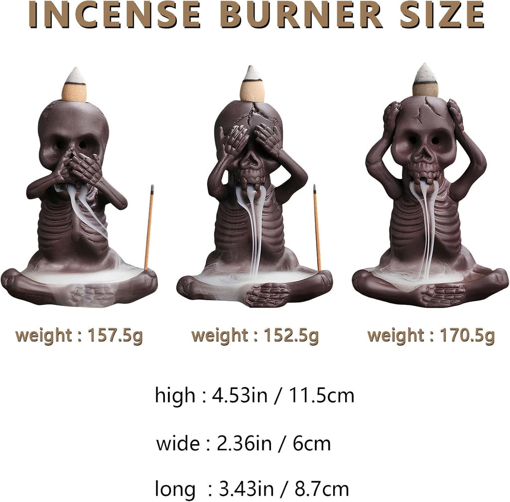 Backflow Incense Burner Skull Decor Incense Stick Holder Reverse Flow Censer Incense Waterfall Burner + Backflow - Set of 3