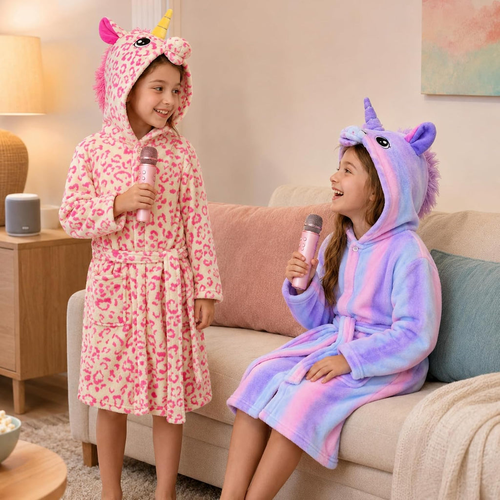 Girls Unicorn Fleece Robe, Rainbow Star Leopard Bathrobe for Kids, Coral Fleece Bath Robe With Pockets -12