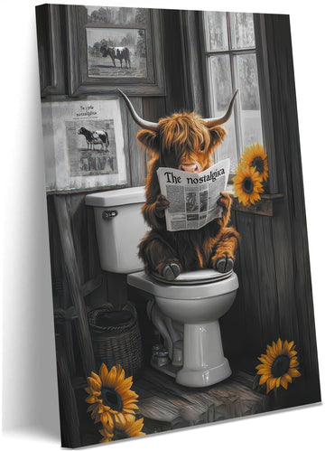 Highland Cow Bathroom Decor Wall Art, Funny Toilet Canvas 24x16 in