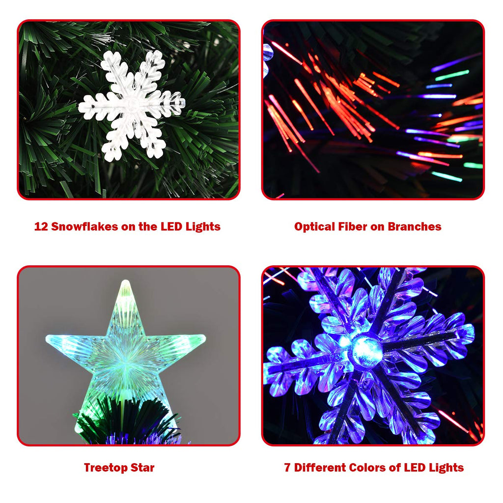 3FT Pre-Lit Christmas Tree with Multicolored Fiber Optics, 12 Snowflake LED Lights, Stunning Star, 85 PVC Tips