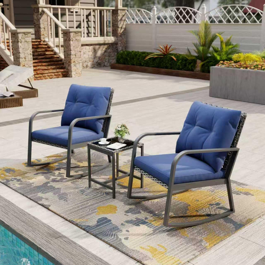 Bistro 3 Piece Patio Furniture Set, Patio Table and Rattan Outdoor Rocking Chairs Set of 2, Outdoor Bistro