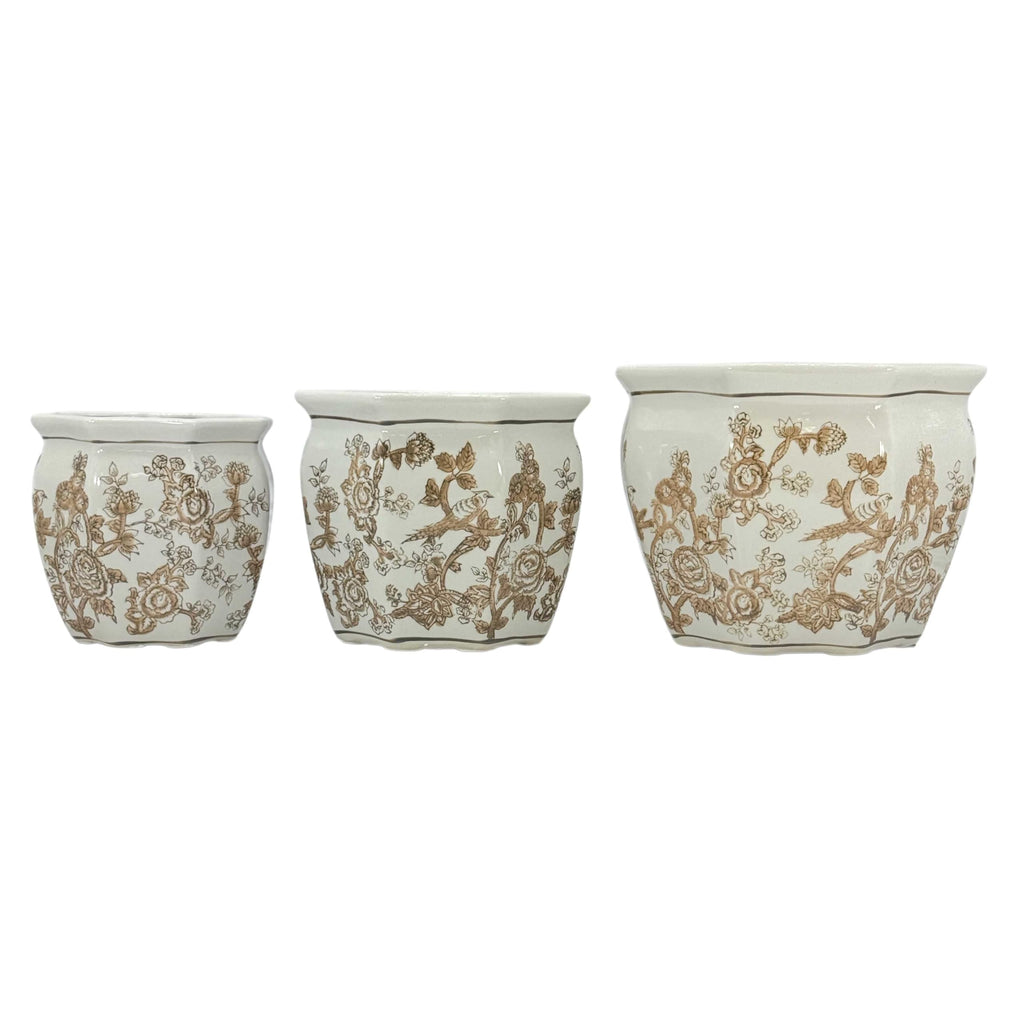Brown & White Round Fluted Floral Porcelain Ceramic Plant Flower Planter Pot Set of 3 (7.5", 10", 13") Garden Pots