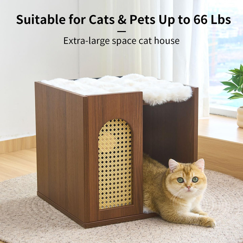 Wooden Indoor Cat House Suitable for Pets Under 66 Lbs, for Large Cats, Sturdy & Durable Semi-Enclosed Cat Bed Condo