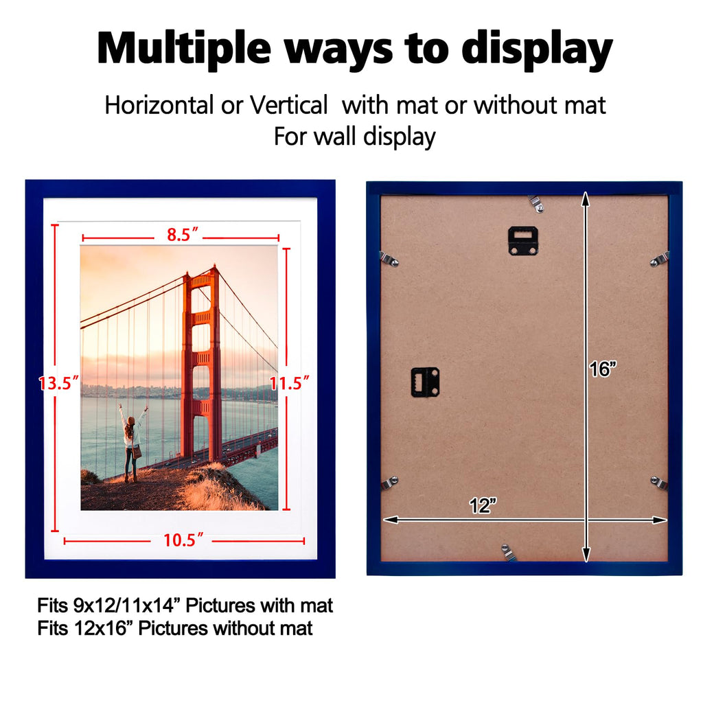 12x16 Picture Frame Navy, Solid Wood Frames with Acrylic Plexiglass for Pictures 11x14/9x12 with Mat or 12x16 without