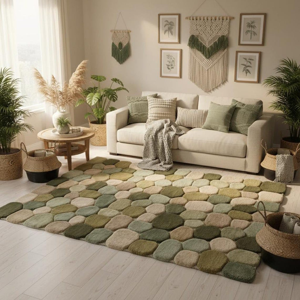 Hand Tufted Wool Area Rug Green Pebble Design Minimalist Style Soft Warm Non Slip Backing Functional & Decorative
