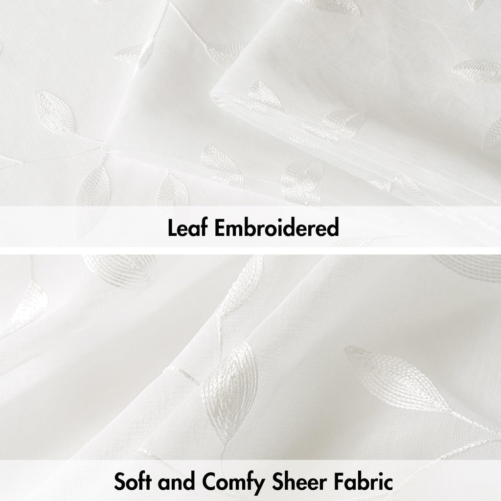 Ivory Sheer Curtains 2 Panels Embroidered Leaf Patterned, W52 x L84