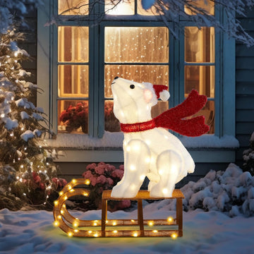 2.8FT Lighted Sleigh Polar Bear Christmas Outdoor Decorations, Christmas Yard Decorations with 104 Prelit LED, Light