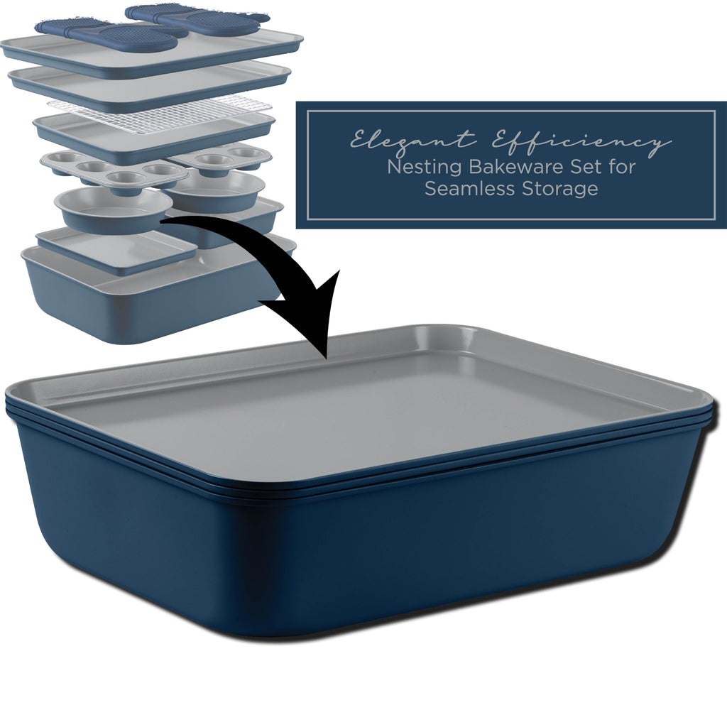Nonstick Stackable Bakeware Set - Deluxe Heavy Duty, Durable, Easy Release Baking Set, Denim, 13 Pcs