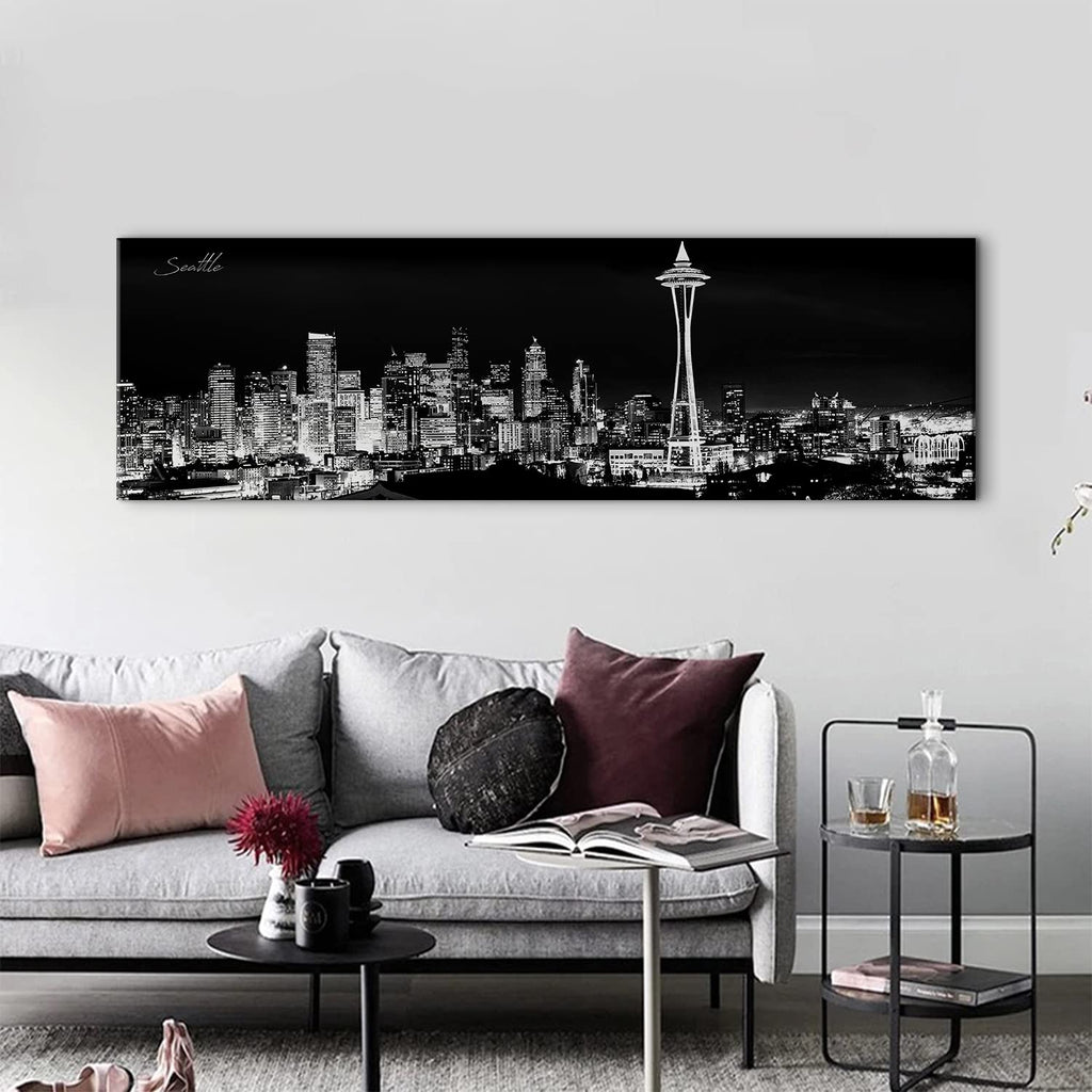 Seattle Skyline Wall Black and White Washington Cityscape Picture Space Needle Panoramic Artwork Urban Building
