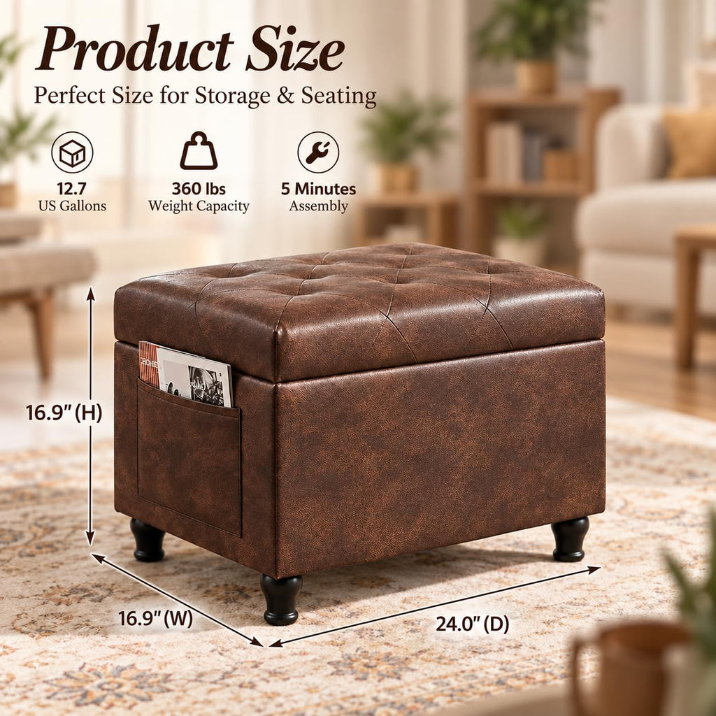 24" Brown Ottoman with Storage, Faux Leather Footrest