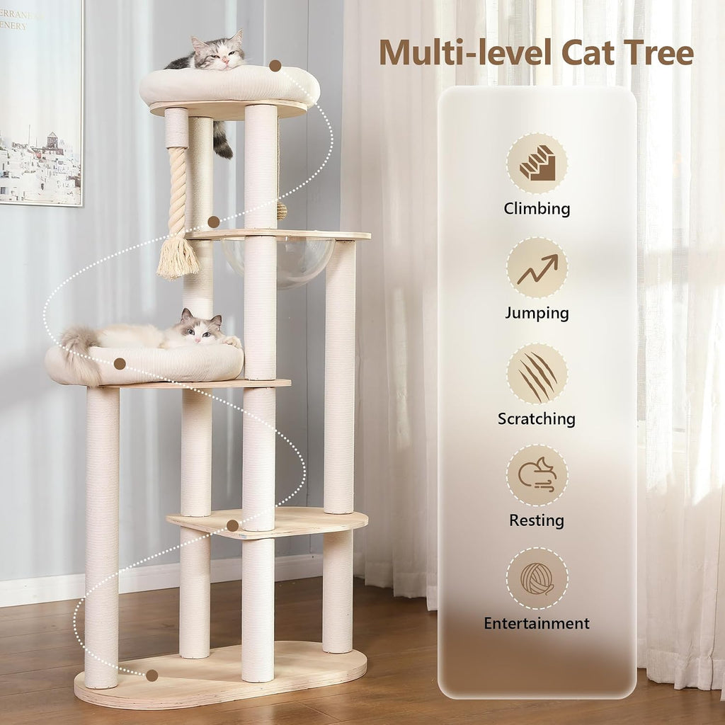 59" Modern Cat Tree Multi-Level Large Cat Tower Heavy Duty Wooden Cat Tree with Hammock, Cotton Scratching Post