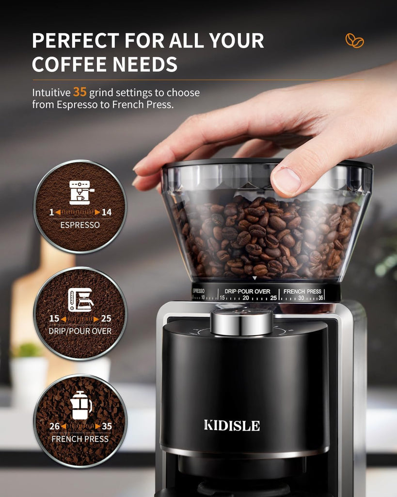 Conical Burr Coffee Bean Grinder, 35 Settings, Anti-Static, Black | For Espresso, French Press, Pour-Over, Drip