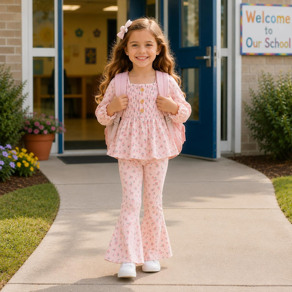 Toddler Girl Outfits Smocked Peplum Top with Kick Flare Pants