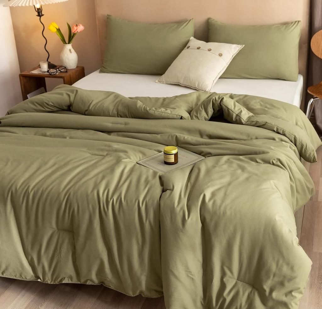 Queen Comforter Set Olive Green, 3pcs Bedding Sets Queen (1 Boho Olive Comforter & 2 Pillowcases)