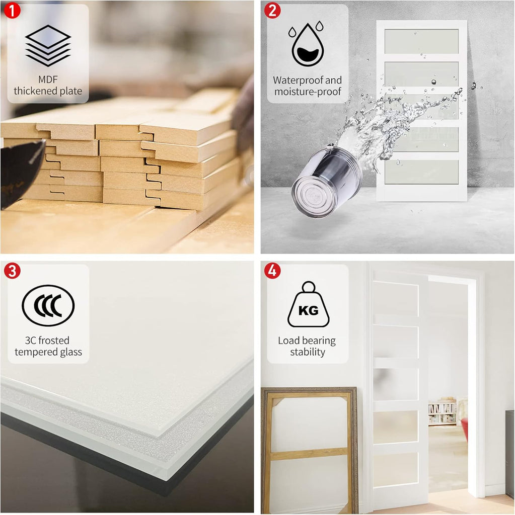 Pocket Door, 32" x 80" Concealed Sliding Closet Doors, 5 Lites Tempered Frosted Glass Pantry Doors, 