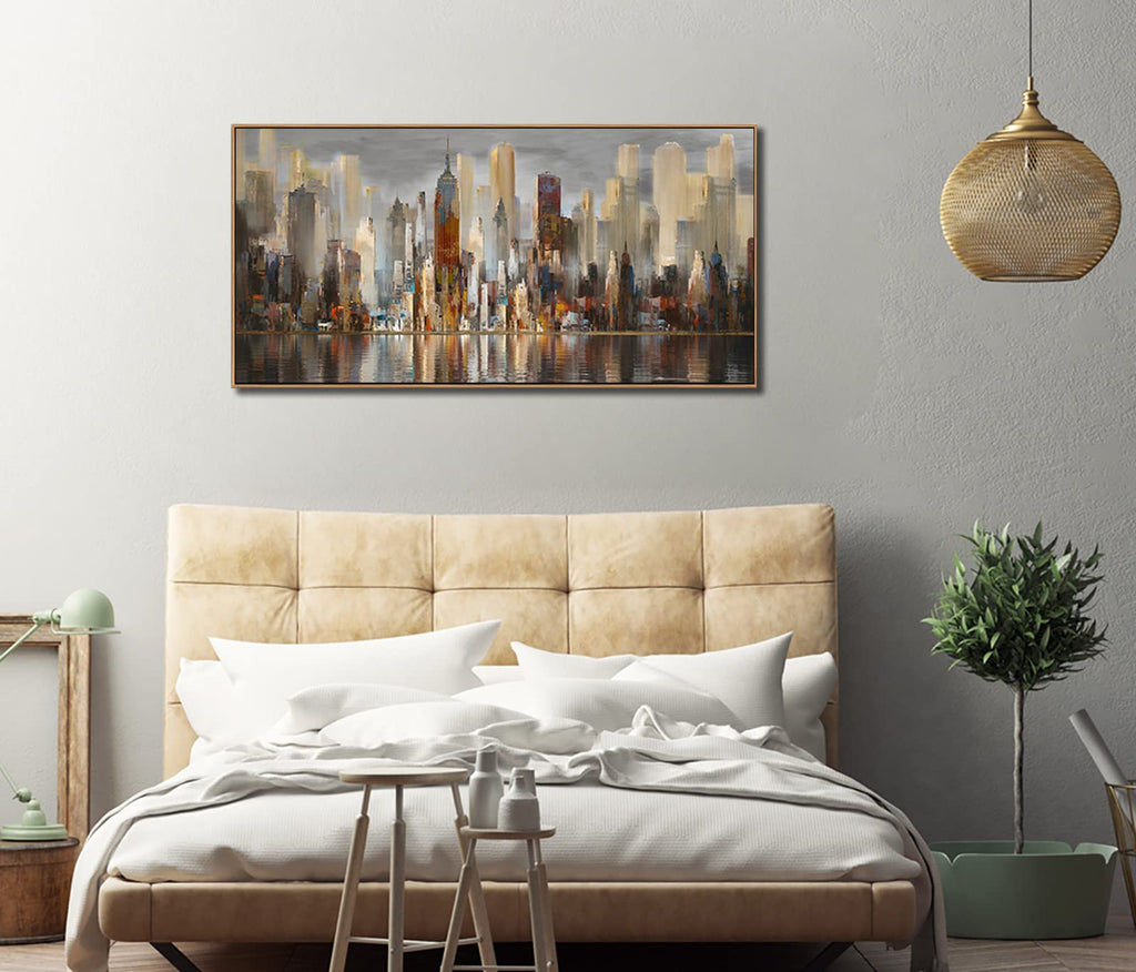 Abstract Modern Canvas Wall Cityscape New York Wall Decor City Theme Paintings Brown Framed Pictures Office Artwork