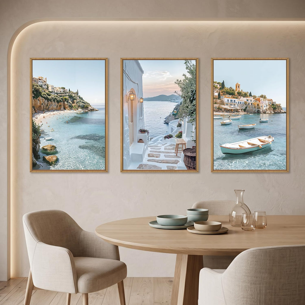 Greek Island Coastal Scenery Framed Canvas Wall Art Set- 24"x36"x3
