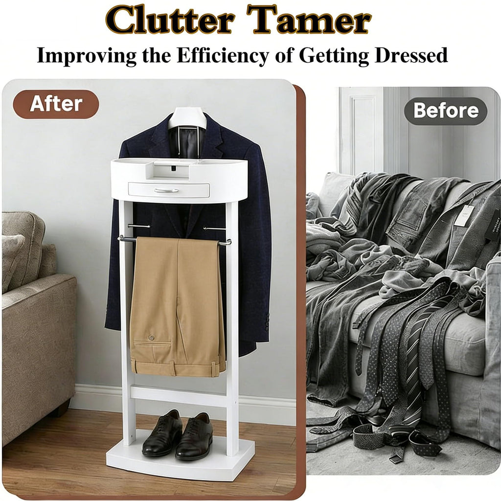 Wooden Suit Valet Stand with Drawer, Top Tray, Trouser Bar, Tie Hooks and Shoe Rack, Freestanding Clothing Organizer