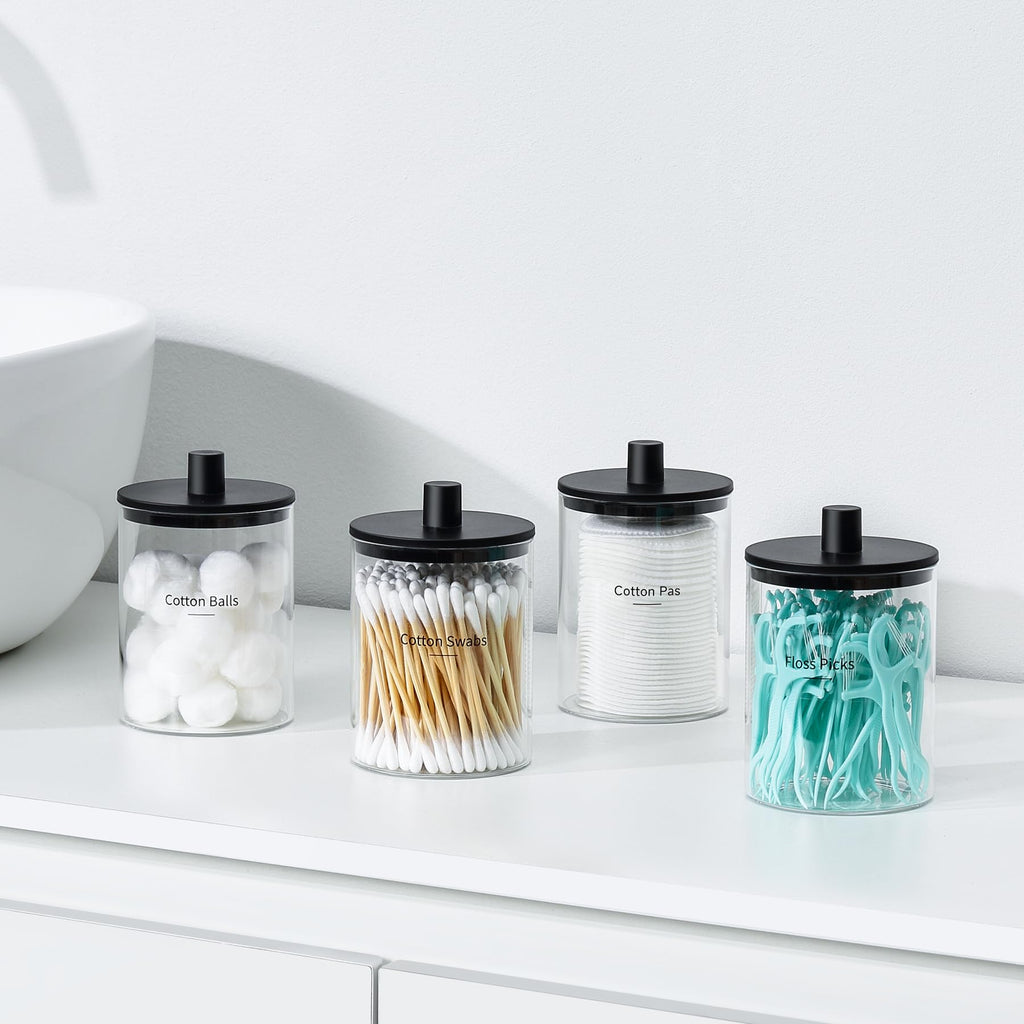 Glass Qtip Holder Dispenser - 10 oz Clear Canister Apothecary Jar, Bathroom Vanity Storage Organizer Set for Cotton