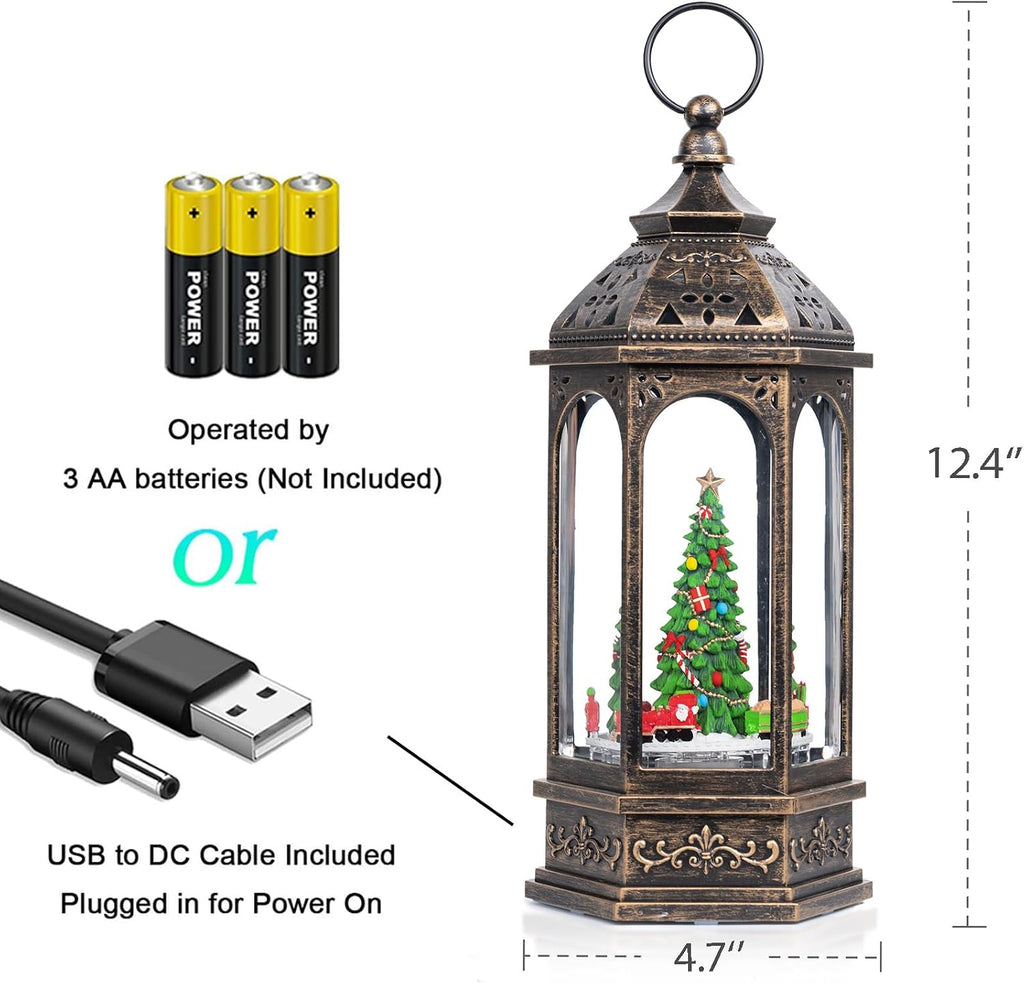 Animated Christmas Snow Globe Lantern Octagon with Rotating Train Christmas Tree Scene Music Box, USB and Battery