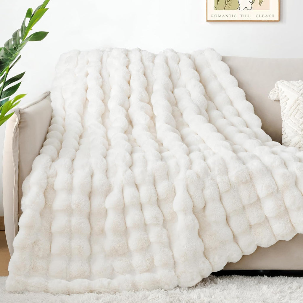 Luxury 1000GSM Faux Rabbit Fur Throw Blanket, Super Heavy Warm Cozy Blankets, Bubble Plush Fuzzy Elegant Soft Mink