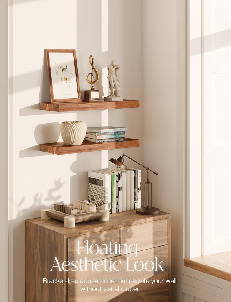 Set of 2 17" Acacia Wood Floating Shelves Wall Mounted - Rustic Farmhouse Wooden Wall Storage Shelf Décor - Brackets