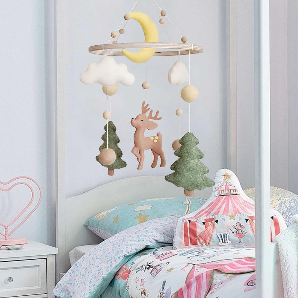 Baby Mobile for Crib - A Gender Neutral Deer Forest Crib Mobile with Felt Clouds and Trees for Jungle Theme Nursery