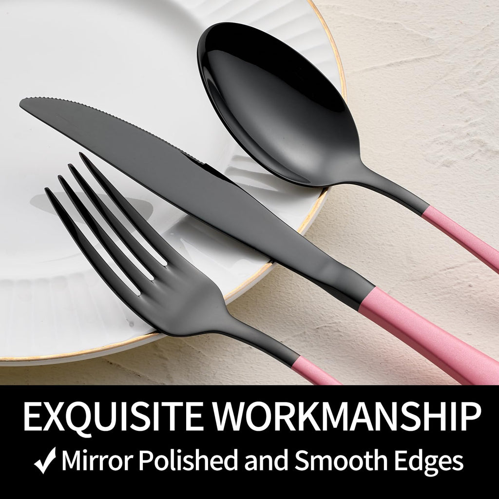 20-Pieces Blac and Pink Silverware Sets for 4,Pink Handle Stainless Steel Cutlery Set, Include Forks Spoons and