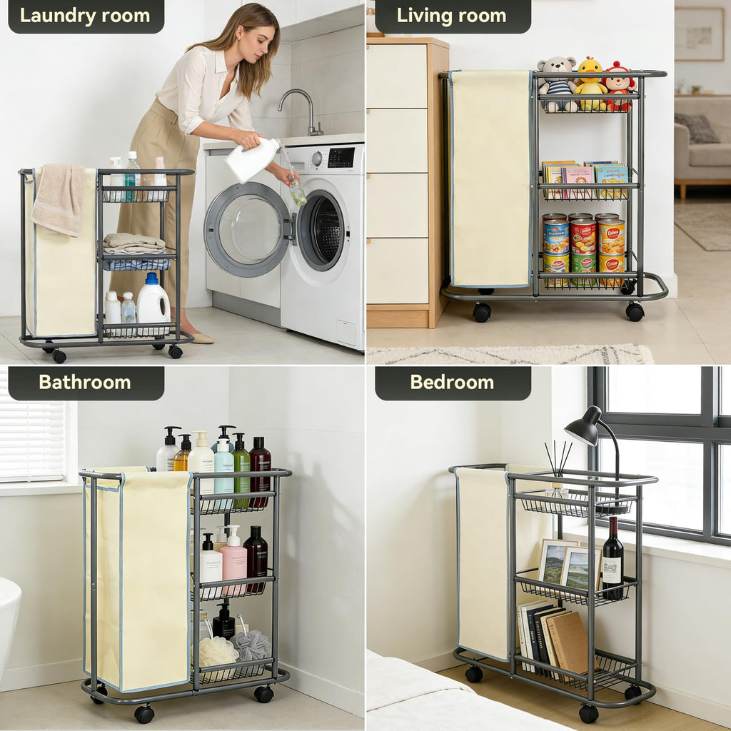 Slim Laundry Cart with Wheels, 3 Tier Rolling Laundry Sorter with 45L Bag