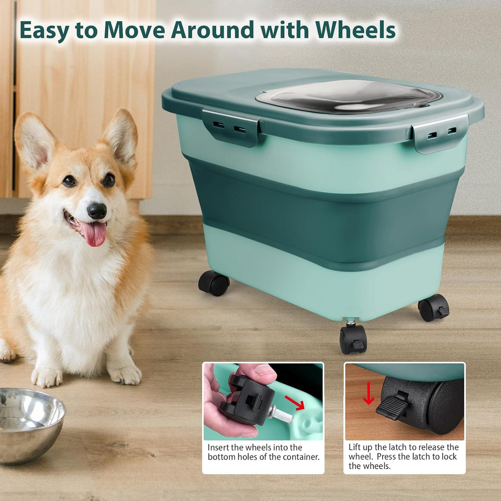 Dog Food Storage Container, 10-20Lbs Collapsible Pet Food Storage Containers with Rolling Wheel Airtight Locking Lid