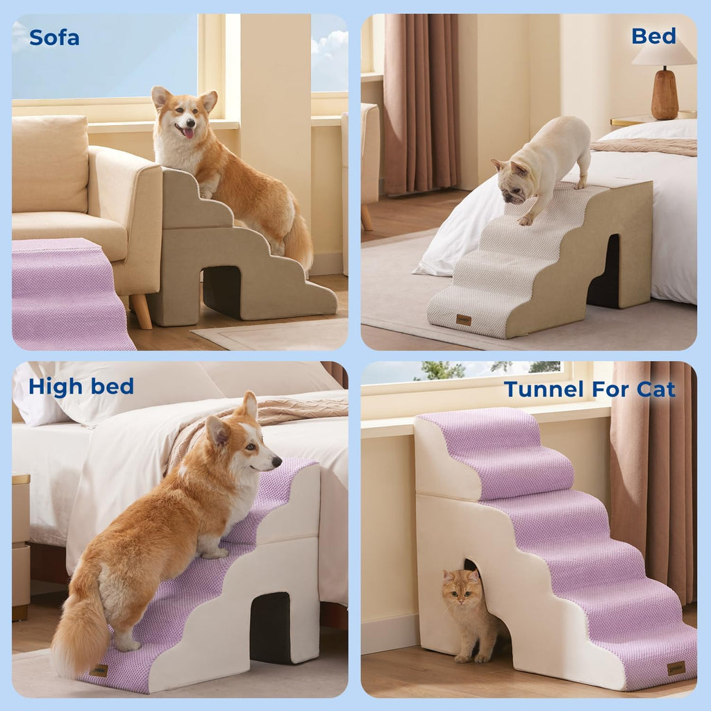Dog Ramp for Large Dogs with Tunnel, 24" H 5 Steps for High Bed