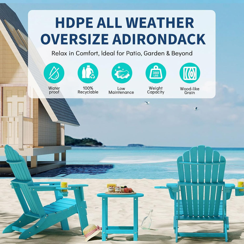 Oversized Folding Adirondack Chair, HDPE All-Weather Patio Chair with 2 Cup Holders, High Back Wide Seat Fire Pit