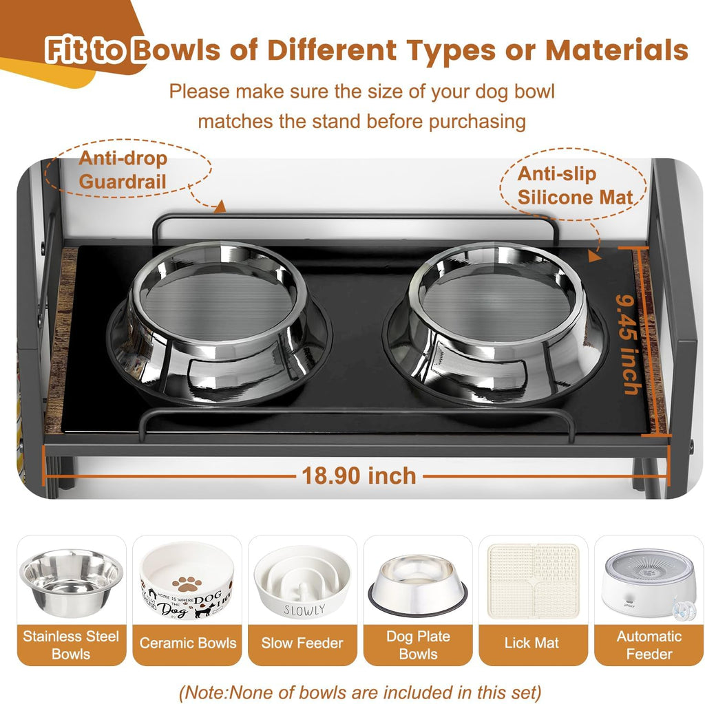Elevated Dog Bowl Stand with Toy Bin Basket, 4 Height Adjustable Raised Feeding Station Cabinet, Lifted Food