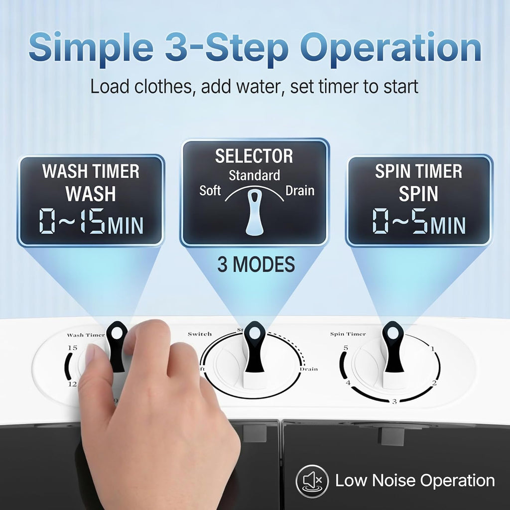 Compact Mini Twin Tub Washing Machine 13lbs Capacity Portable Washer Wash and Spin Cycle Combo, Built-in Gravity Drain