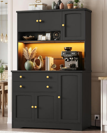 Pantry Cabinet with Charging Station and LED Light, Kitchen Hutch Cabinet Countertop, Drawers and Adjustable Shelf