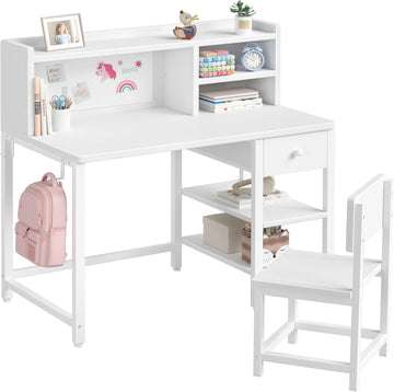 White Kids Desk and Chair Set for 6-12 Year Old, Children Study Desk with Hutch and Storage Shelf, Student Writing
