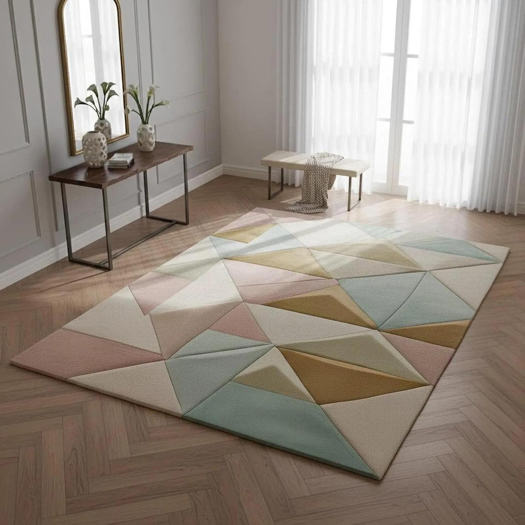 Modern Hand Tufted Wool Area Rug - Pastel Geometric Triangle Floor Carpet for Scandinavian Living Room, Bedroom