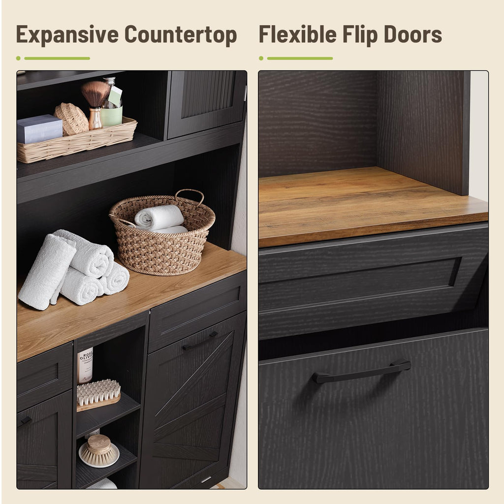 Tall Tilt-Out Double Laundry Hamper Cabinet with 2x11-Gallon Laundry Basket, Trash Bin Cabinet with Fluted Glass