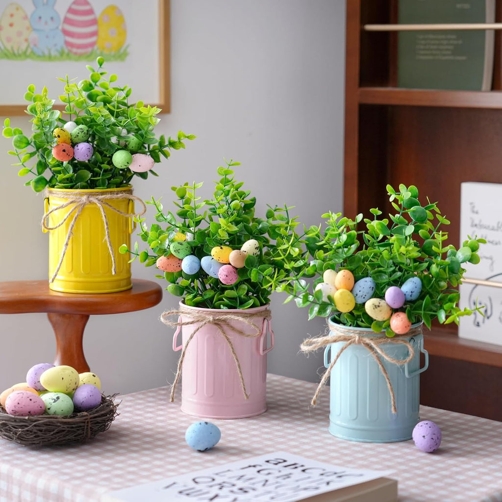 3 Pk Artificial Eucalyptus Potted Plants with Eggs Easter Farmhouse Decor