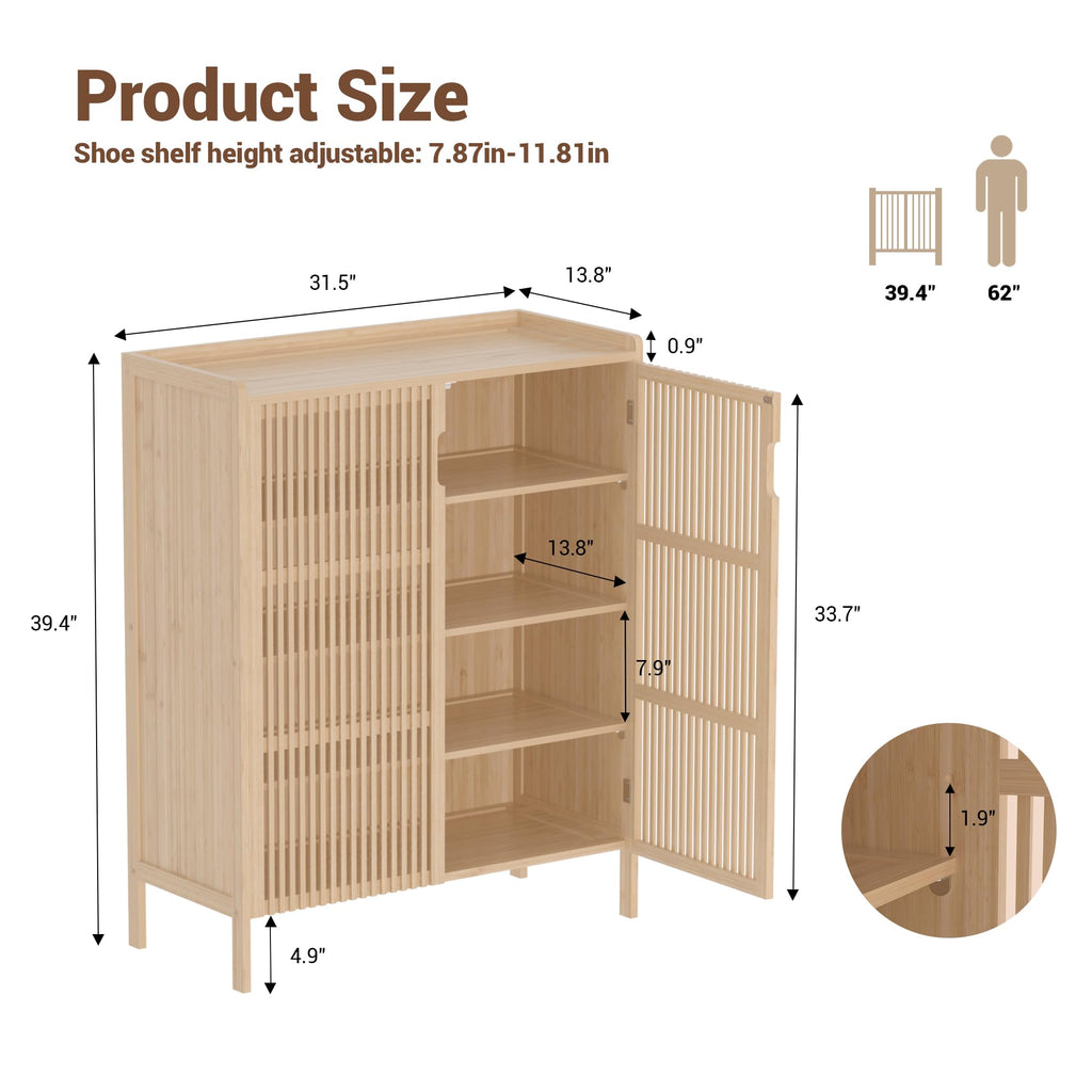Shoe Storage Cabinet, 5-Tier Bamboo Shoe Organizer with Doors