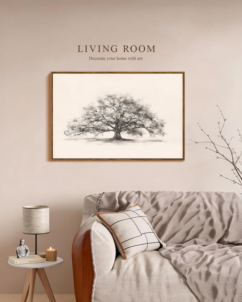 Large Vintage Wall Art, Sketch Tree Landscape Painting, 24x36Inch