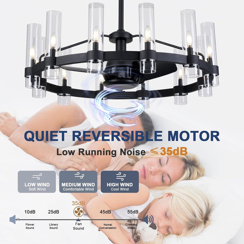 Black Ceiling Fans with 12 Lights Wagon Wheel Chandelier, 38 Inch Modern Farmhouse Fandelier, Quiet 6-Speed Reversible DC Motor, 1/2/4H Remote Timing for Living Room/Bedroom/Kitchen A115-B0F5M79C12