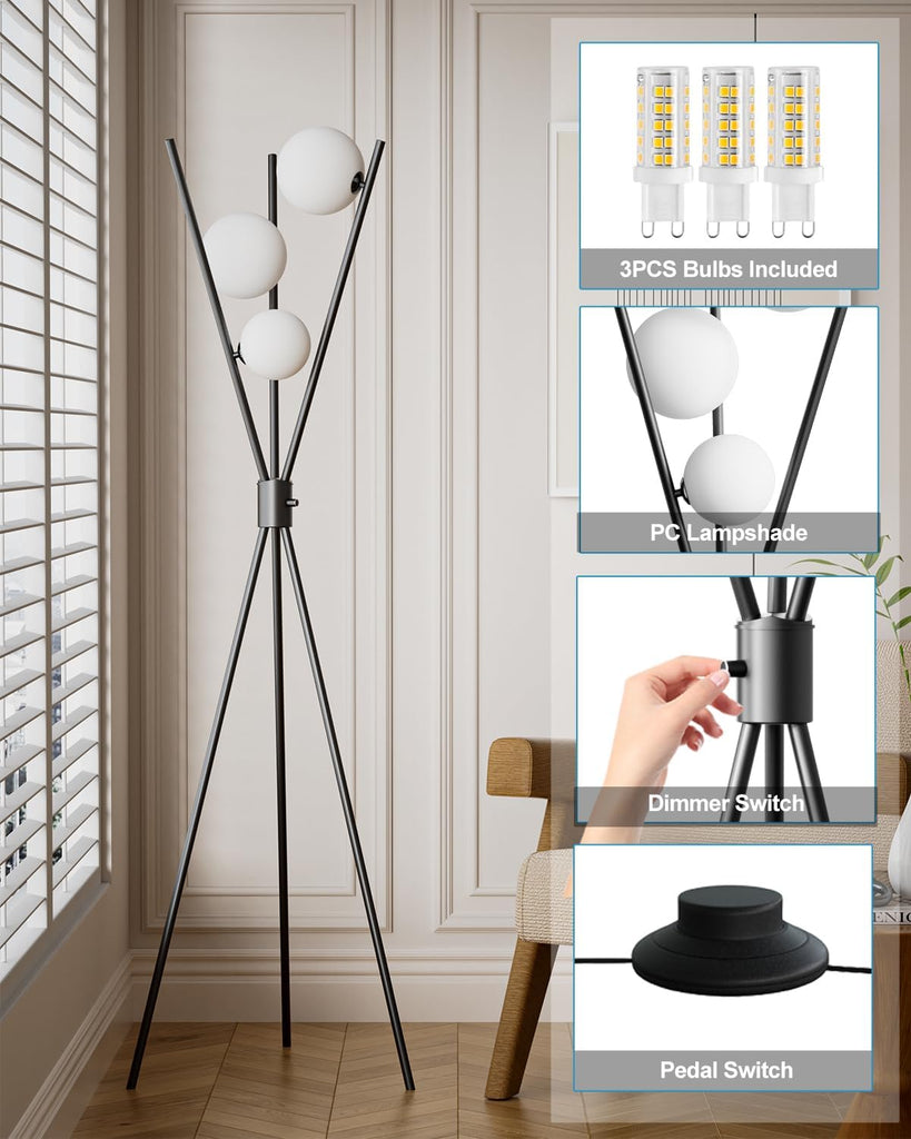 60IN Dimmable Black Tripod Floor Lamp, Mid Century Standing Lamps with 3 Globe Soft Warm White Eye Care 3000K Bulbs