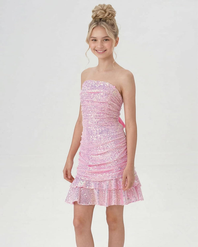 Tween Teen Sequin Strapless Tie Back Bow Ruched Bodycon Mini Party Dress