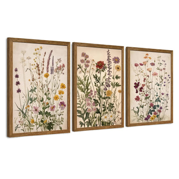 Botanical and Flower Canvas Wall Art, Framed Wildflower Wall Art Set of 3, Vintage Meadow Flower Canvas Prints